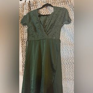 Emerald green satin lace wrap skirt dress